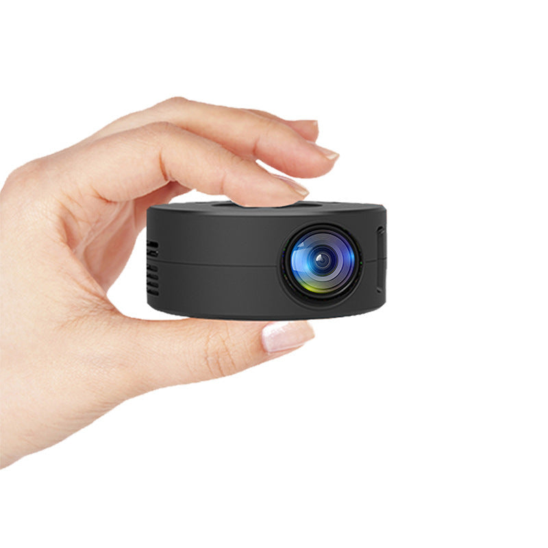 Small black camera held in a hand against a white background