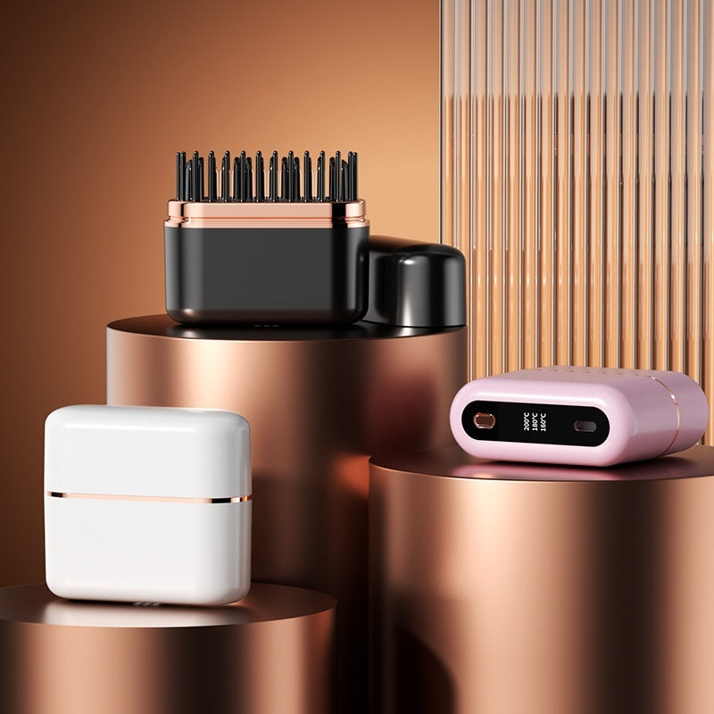 Set of grooming tools including a hairbrush, white container, black device, and pink electronic device on a reflective surface with a warm brown background.