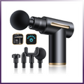 Black massage gun with attachments on a white background