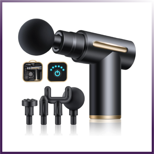 Black massage gun with attachments on a white background
