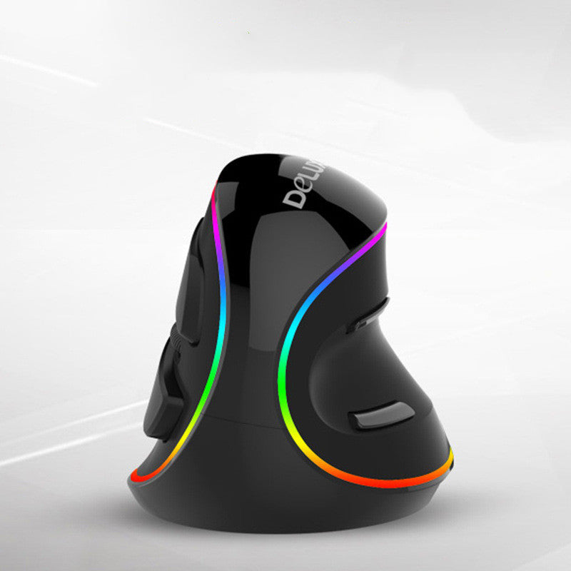 Black ergonomic mouse with RGB lighting on a white background
