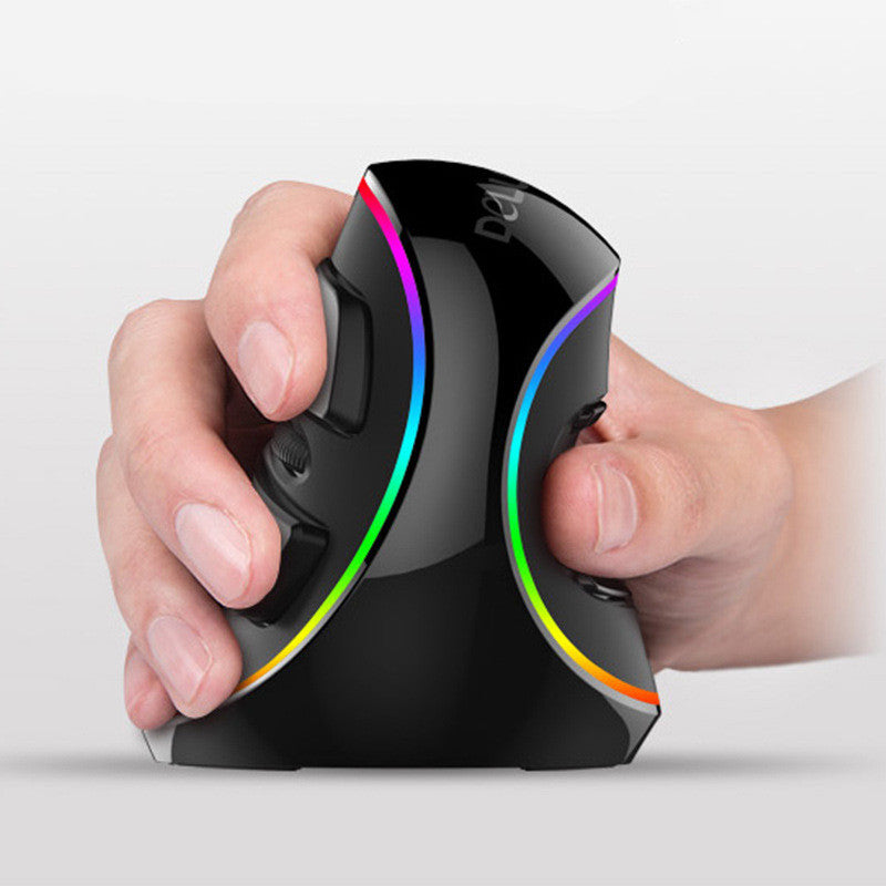 Hand holding a black ergonomic mouse with colorful lighting on a light gray background