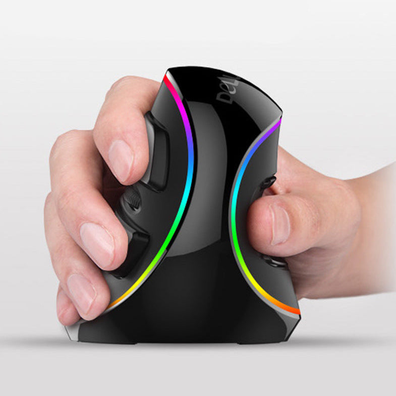 Hand holding a black ergonomic mouse with colorful lighting on a light gray background