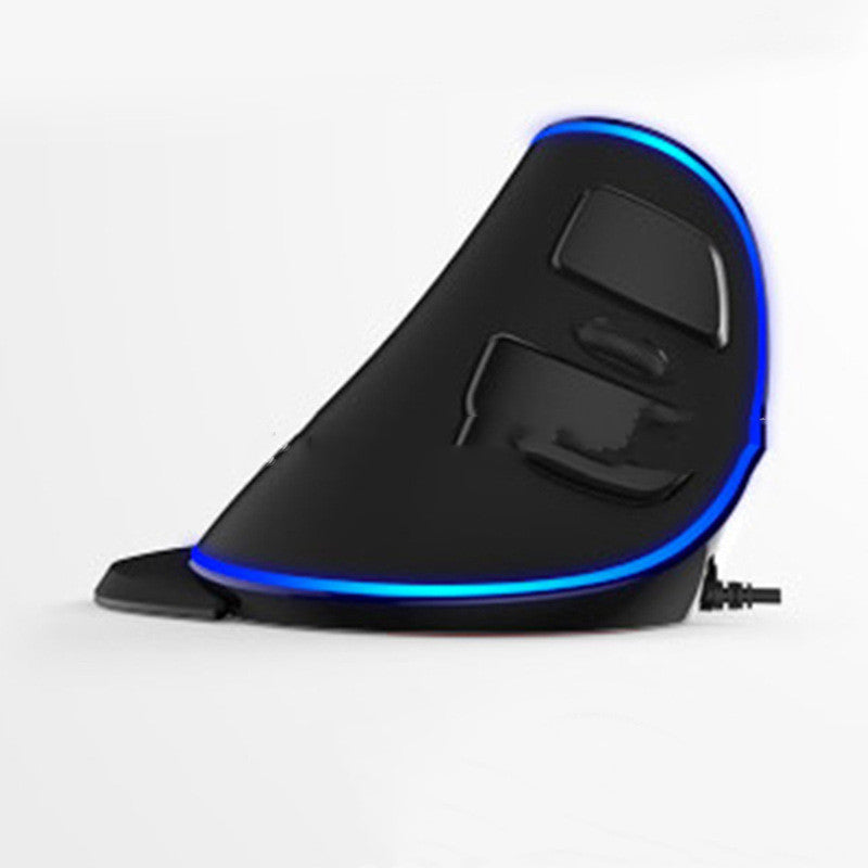 Black gaming mouse with blue LED lighting on a white background
