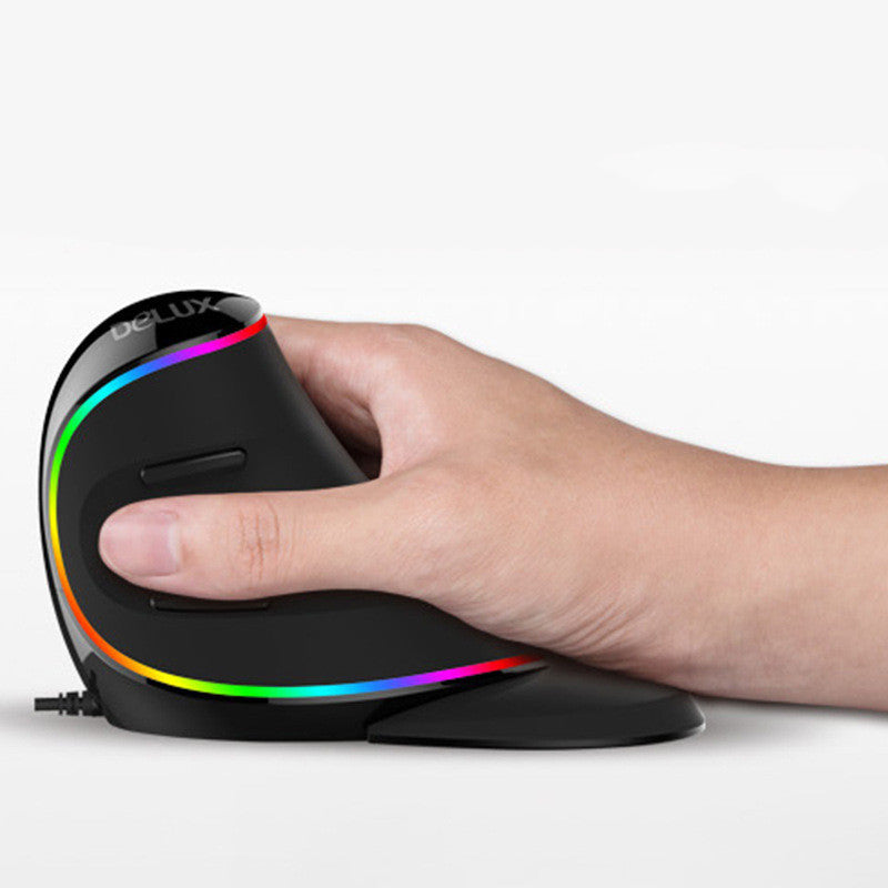 Hand holding a black ergonomic mouse with rainbow lighting on a white background