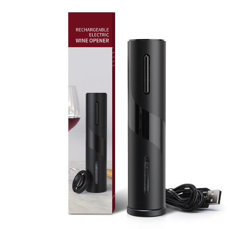 Black rechargeable electric wine opener with packaging on a white background