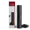Black rechargeable electric wine opener with packaging on a white background