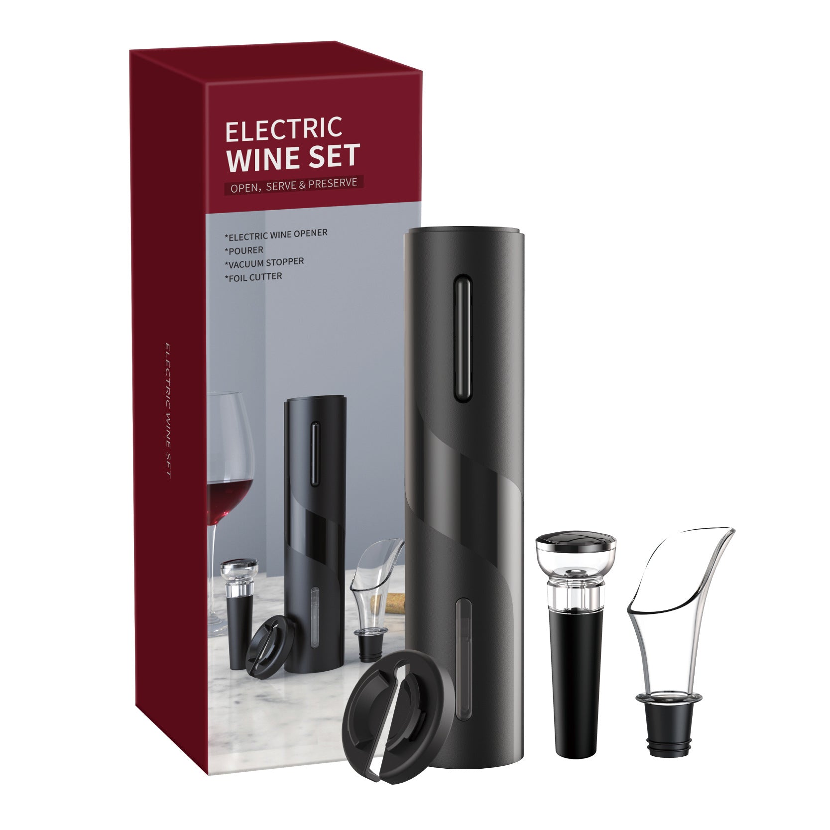 Black wine bottle, wine opener, and accessories on a marble surface with a light gray background