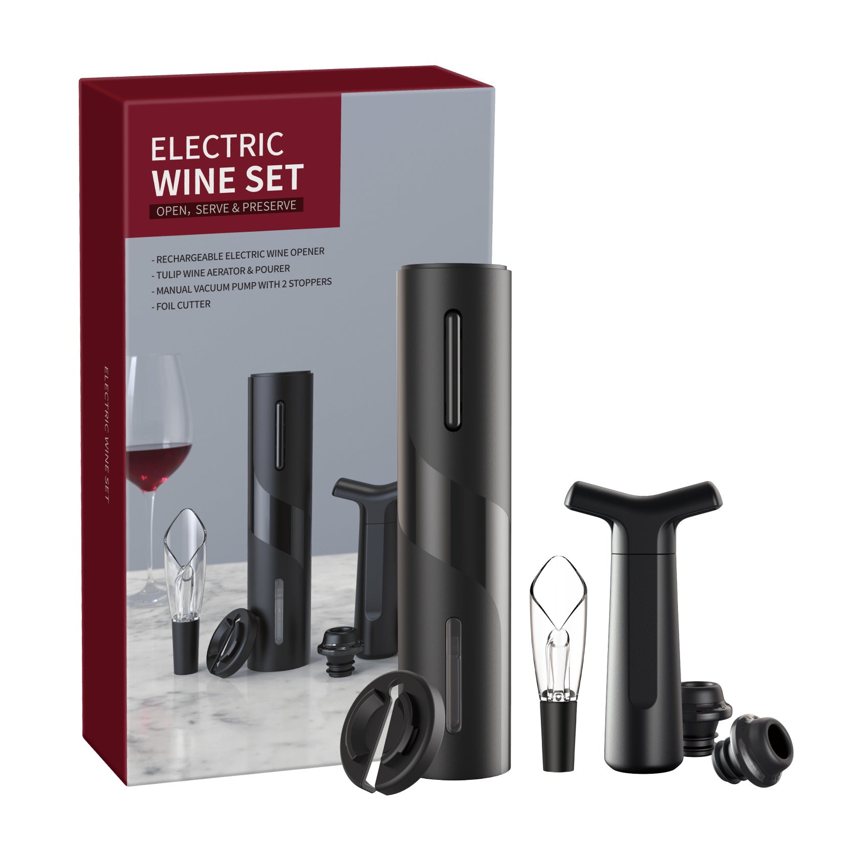 Electric wine set with packaging on a white background