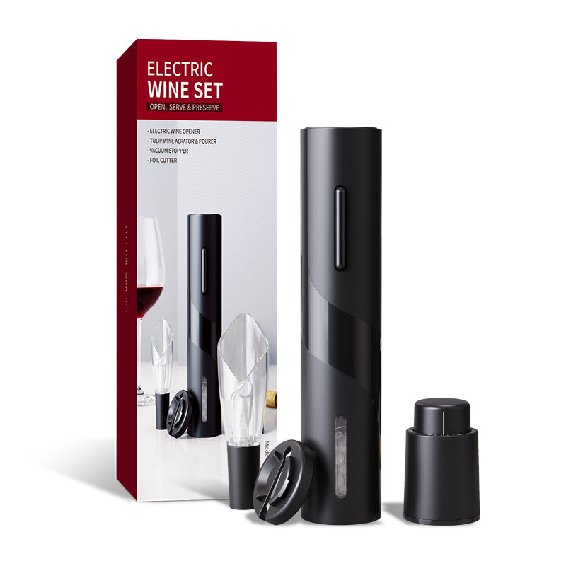 Black electric wine opener with packaging on a white background
