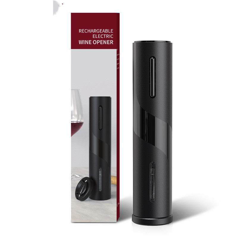Black rechargeable electric wine opener with packaging on a white background