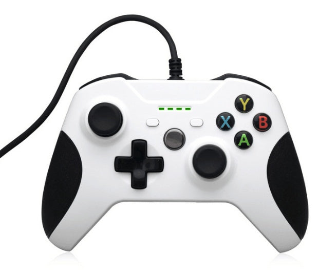 White gaming controller with black accents on a white background