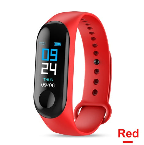 Red smartwatch with a digital display on a white background