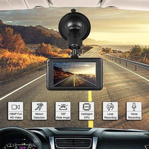 Car dashboard with a dashcam displaying a scenic road, with features of the dashcam highlighted.