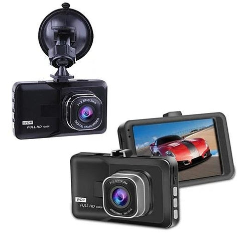 Two car dash cameras with one displaying a screen of a red car on a white background