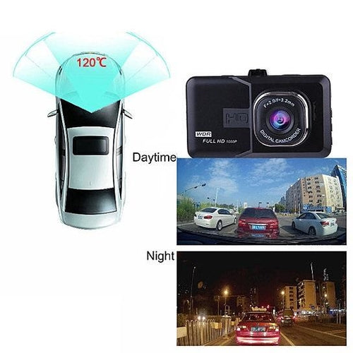 Car dashboard camera with temperature display and night vision feature, showing daytime and nighttime usage.