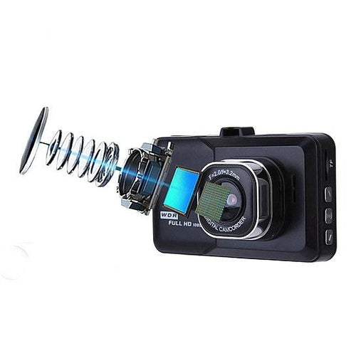 Car dashboard camera with lens and display on a white background