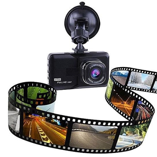 Car dashboard camera with film strip showing road scenes on a white background