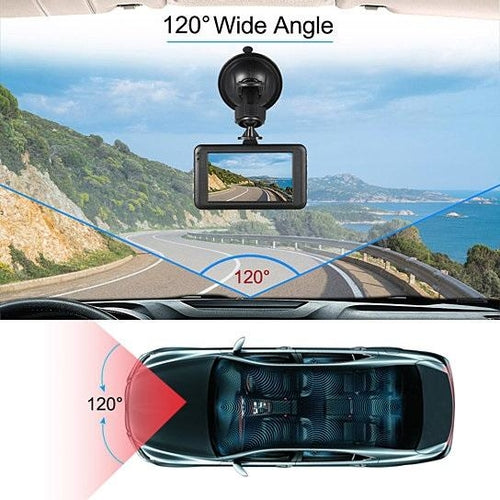 Car dashboard camera with wide-angle view of a scenic road.