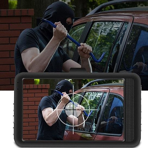 Person with a blue crowbar breaking into a car, viewed through a tablet screen with a target overlay.