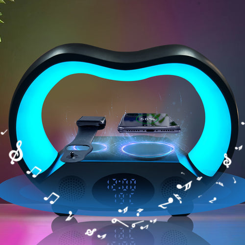 Modern smartphone stand with blue light effects on a colorful background