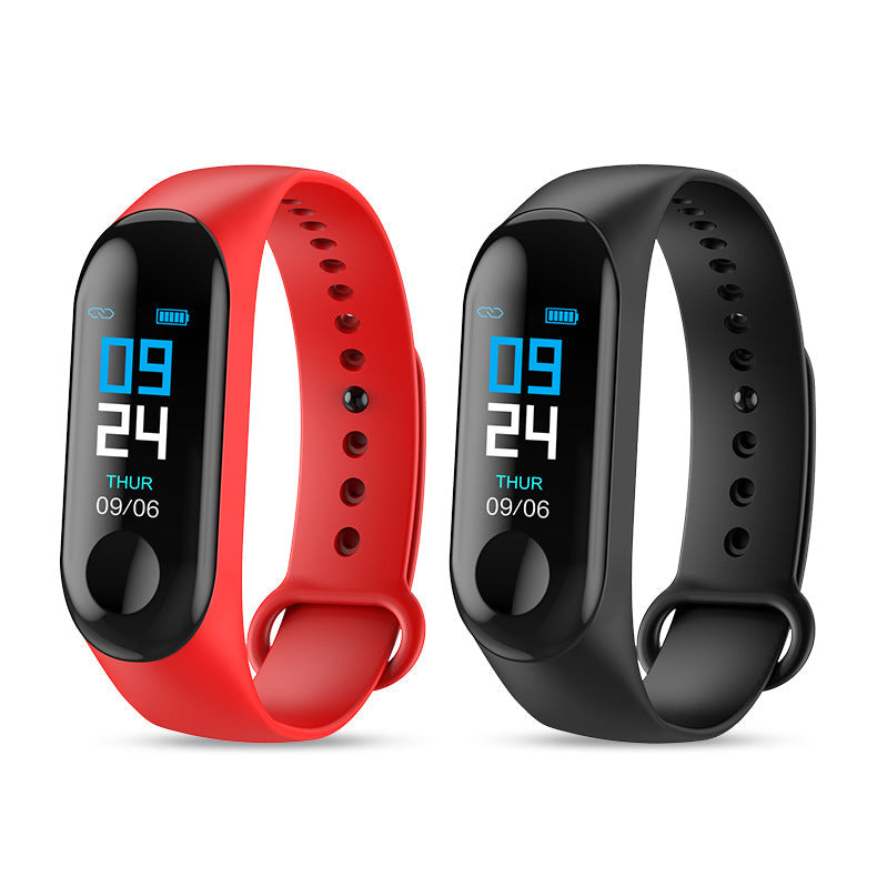 Two fitness trackers, one red and one black, on a white background