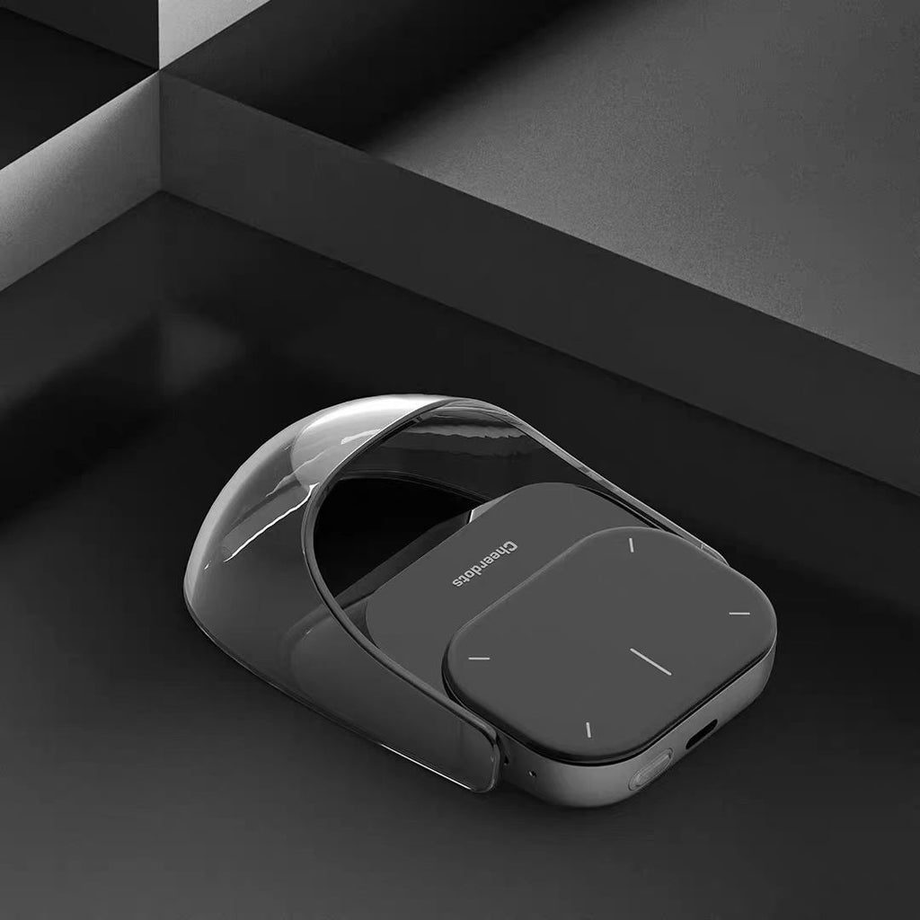 Black electronic device with a reflective surface on a dark geometric background