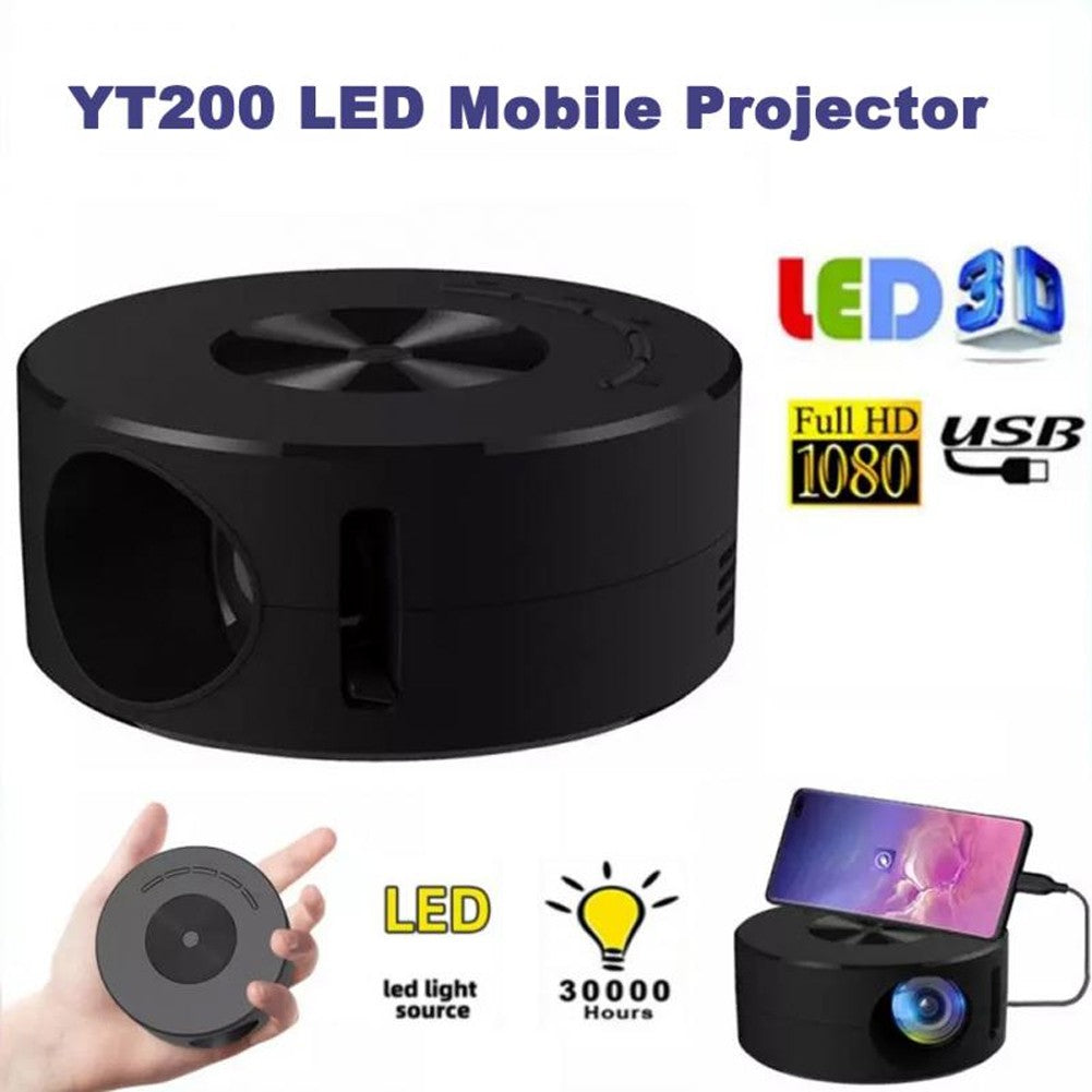 YT200 LED Mobile Projector with features highlighted on a white background