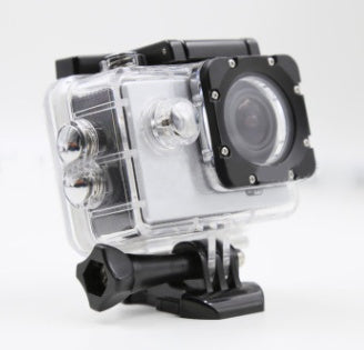 Action camera with clear protective cover on a white background