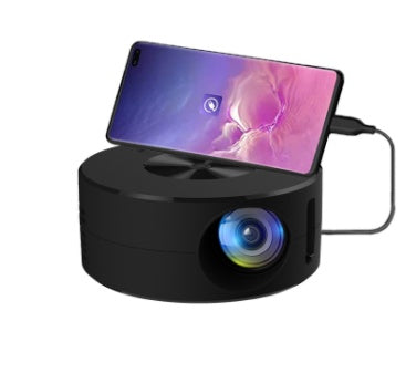Black portable projector displaying a smartphone screen on a white background