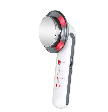 Handheld device with a circular component emitting red light on a white background