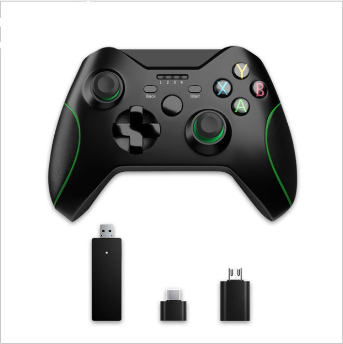 Black gaming controller with USB receiver and charging cable on a white background