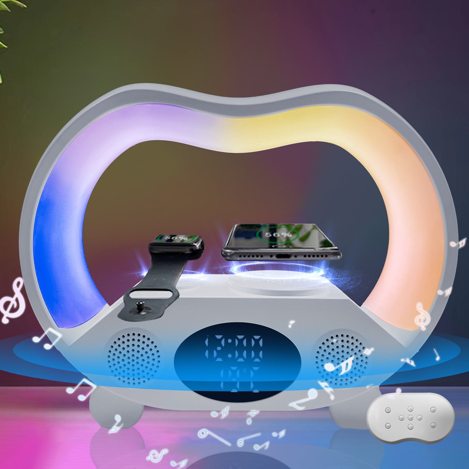 Multifunctional device with LED light display, smartphone, smartwatch, and remote control on a colorful background.
