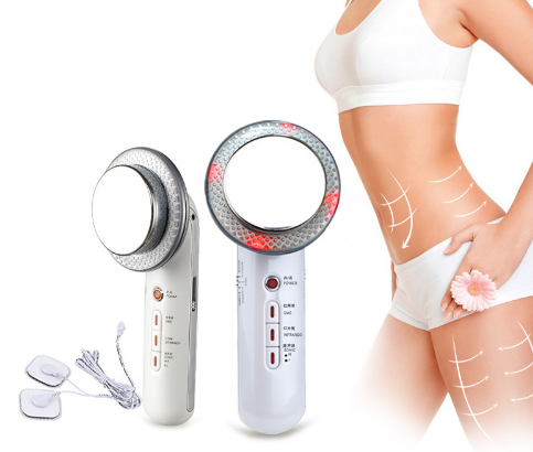 Skin care device with a person using it on their leg, showing before and after effects.