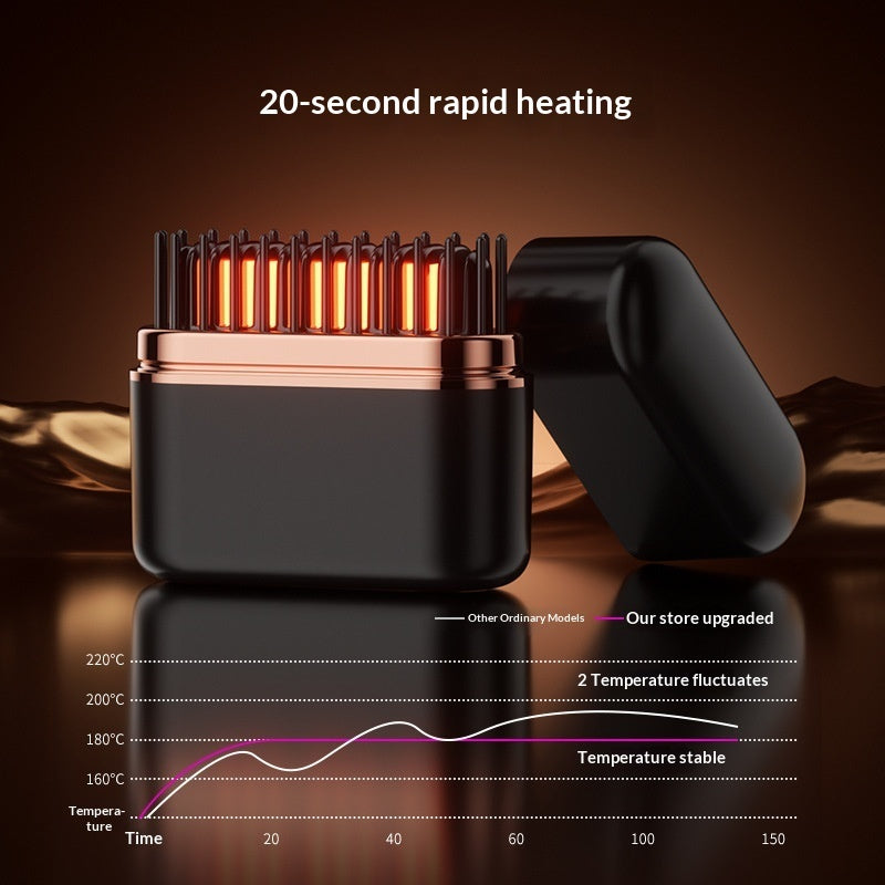 Black hair dryer with heating elements and temperature stability graph on a dark background