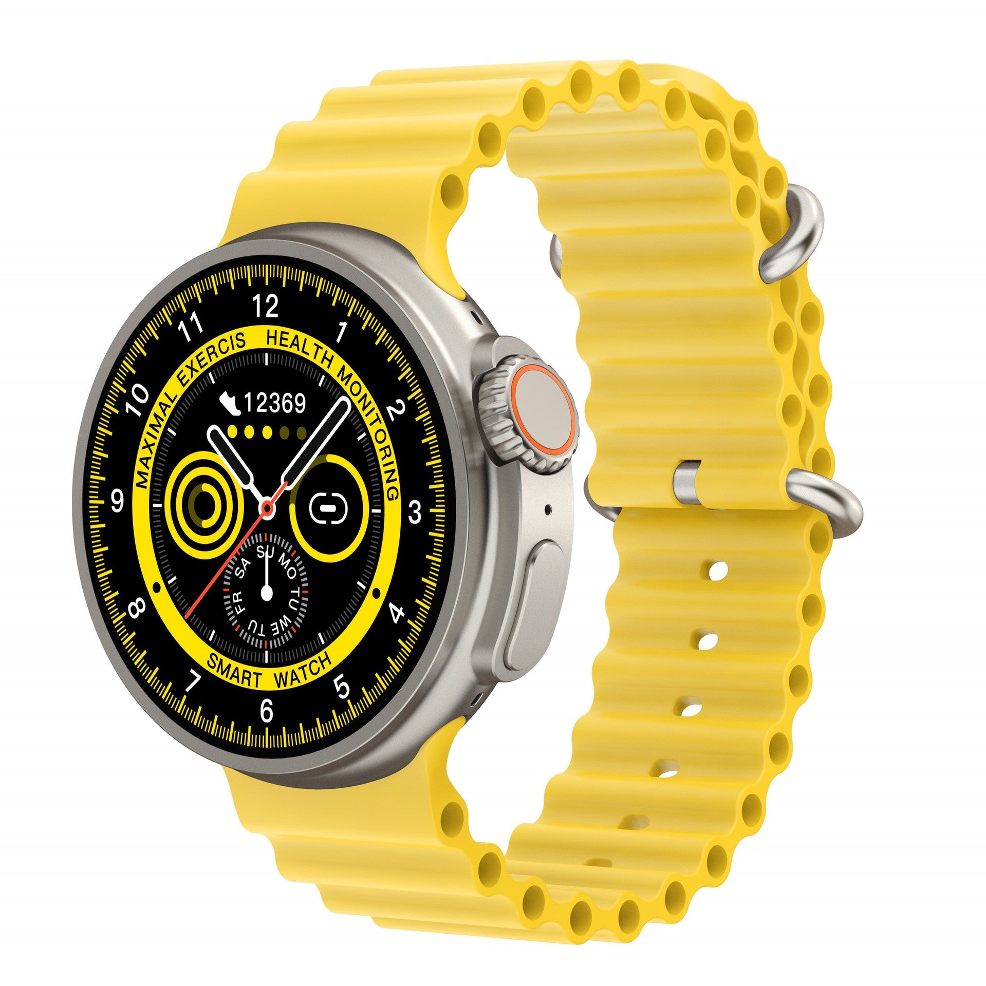 Smartwatch with a yellow band on a white background