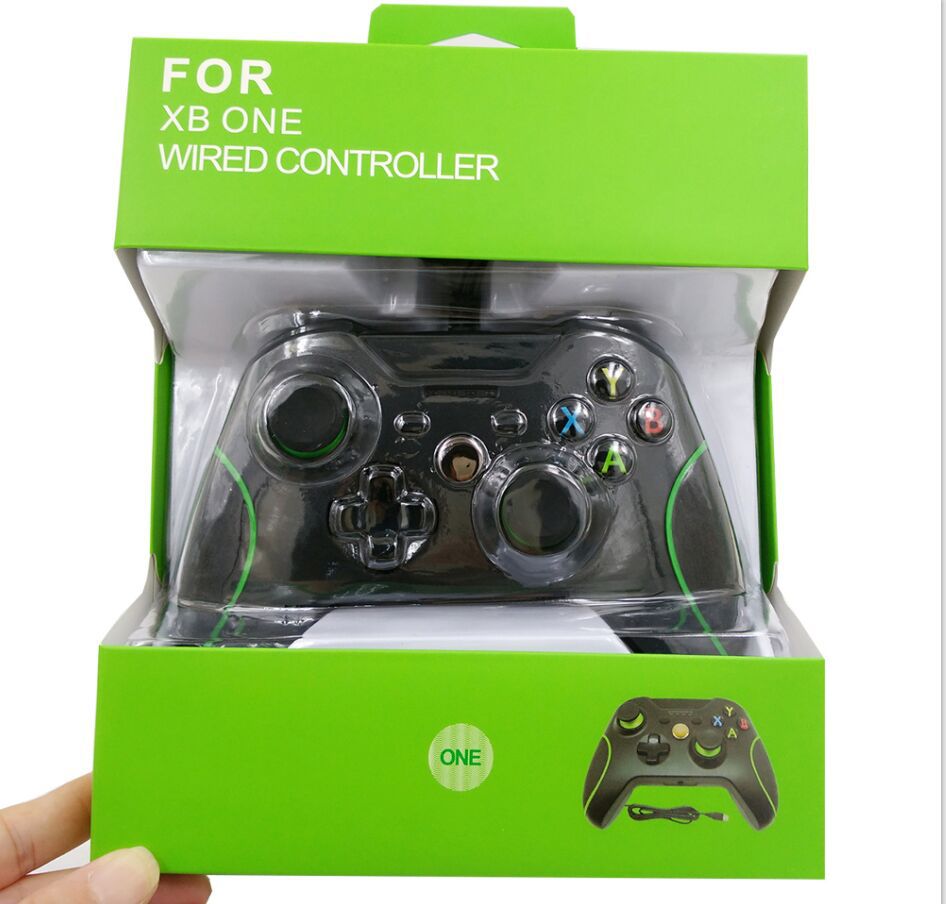 Packaged Xbox One wired controller with green top and clear front