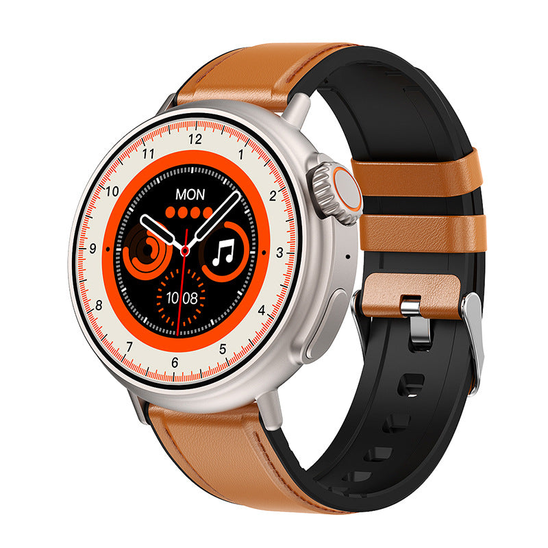 Smartwatch with a brown and black strap on a white background