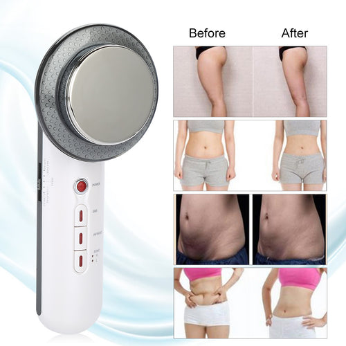 Handheld device for skin treatment with 'Before' and 'After' images of skin improvement.