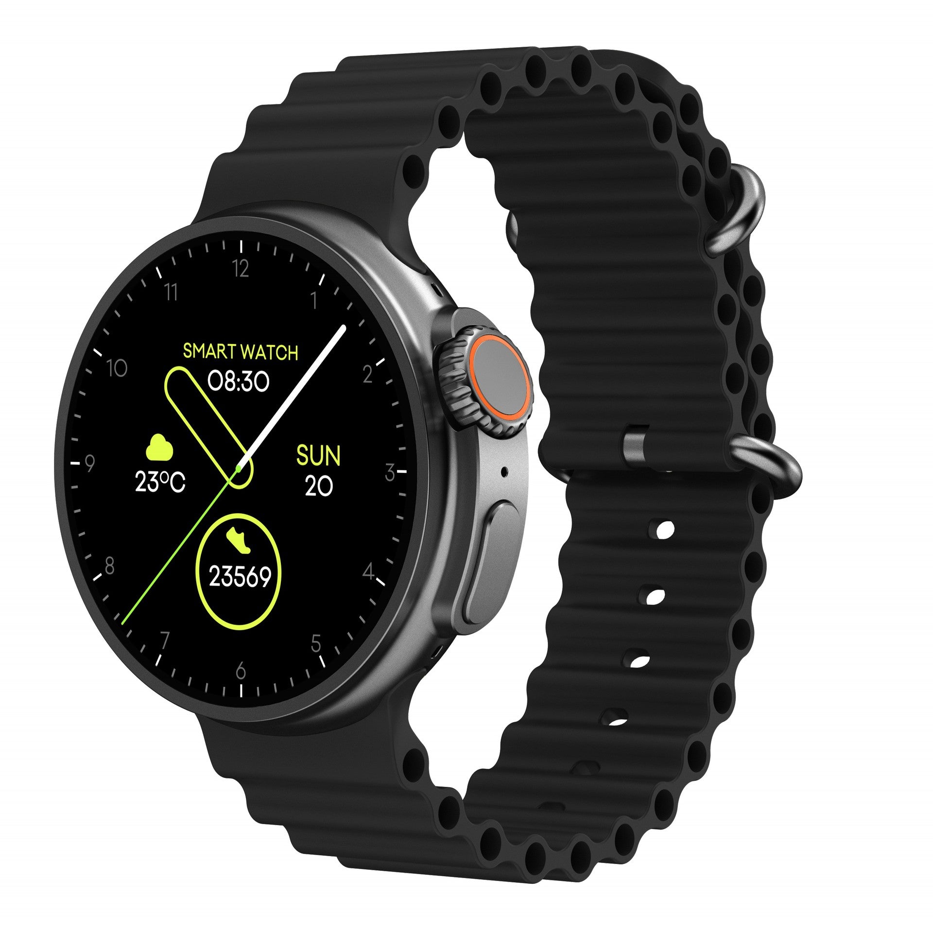 Smartwatch with a black band on a white background