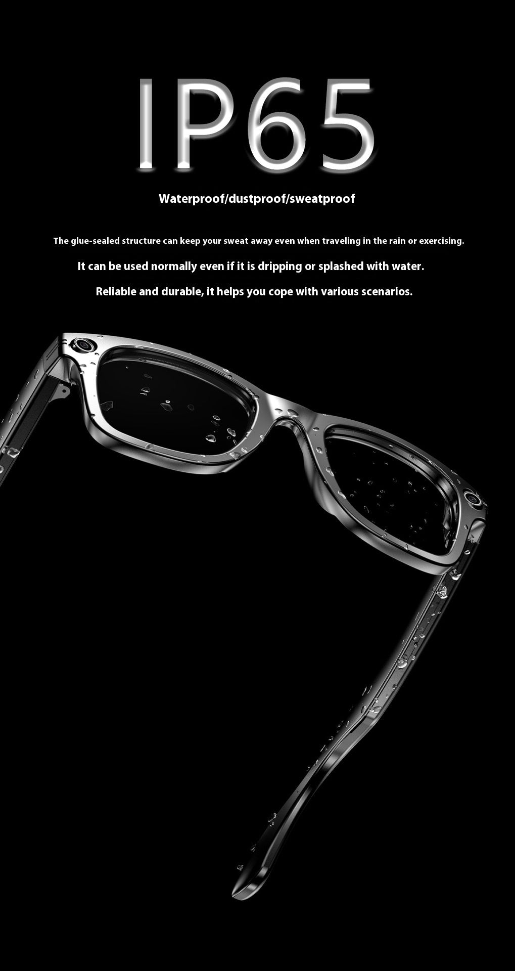 Sunglasses with water droplets on a black background, featuring text about waterproofing.