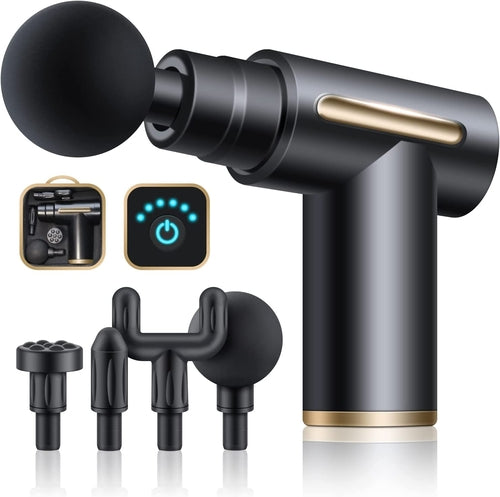 Black handheld massage gun with attachments on a white background
