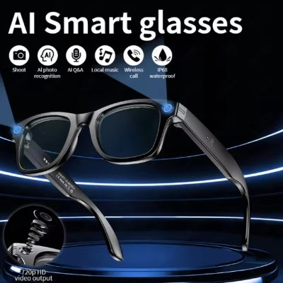 AI Smart glasses with features listed on a dark background