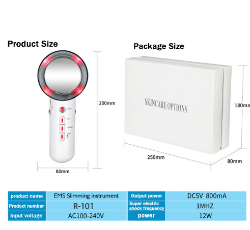 Measurement chart showing product and packaging dimensions of an EMS Slimming instrument with 'Skincare Options' branding.