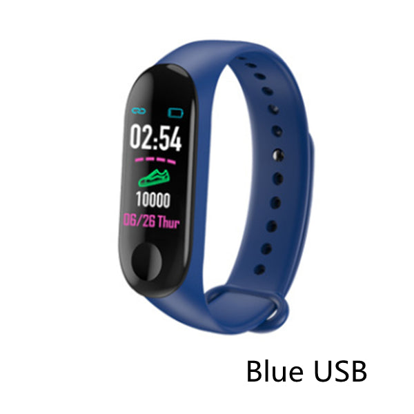 Blue fitness tracker with digital display on a white background