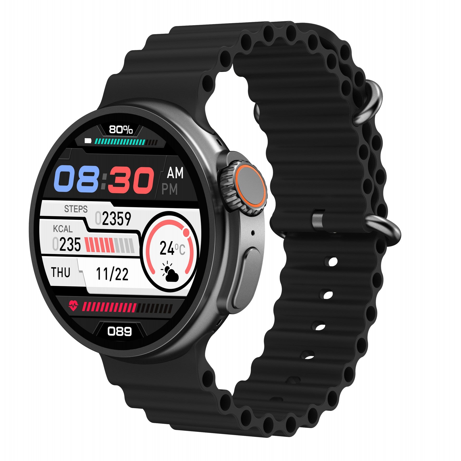 Smartwatch with a black band on a white background