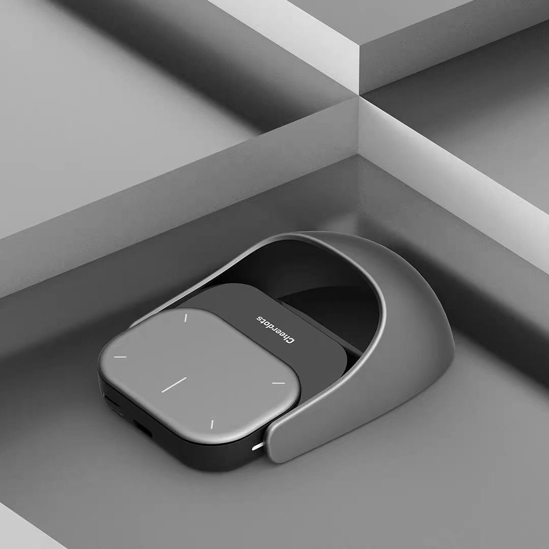 Wireless earbuds in a charging case on a geometric gray background