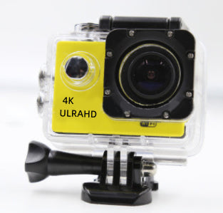 Action camera with yellow side panel and '4K ULRAHD' text on a white background
