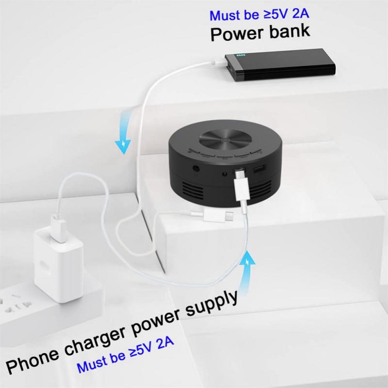 Black power bank and phone charger on a white background with text indicating power requirements.