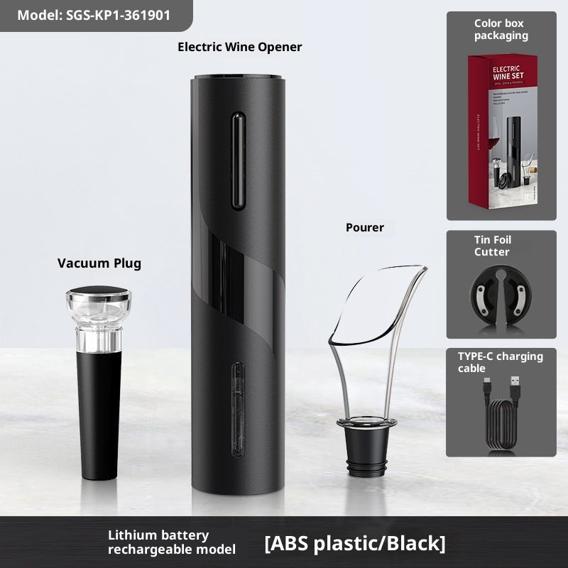 Electric wine opener with packaging, vacuum plug, and charging cable on a light gray background.